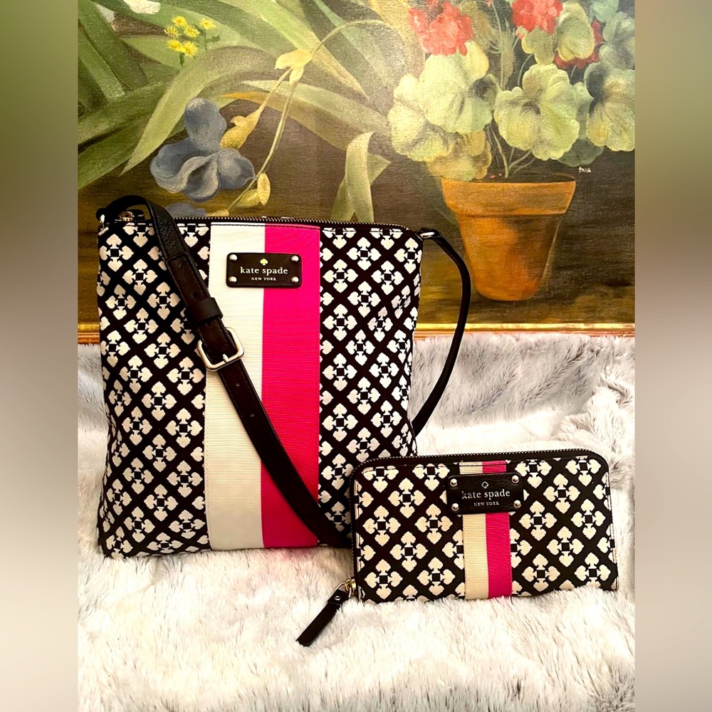 Kate Spade Victoria Classic w/Pink & White Stripe Crossbody - Matching Wallet